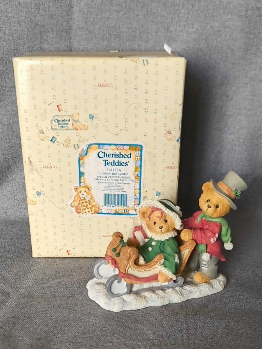 Cherished Teddies Holiday Bear Couple Figurine - Green & Red